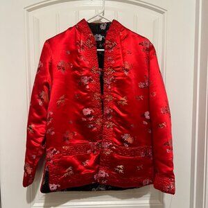 Real Mulberry Silk Reversible Red-Black Chinese Silk Brocade Jacket, Medium